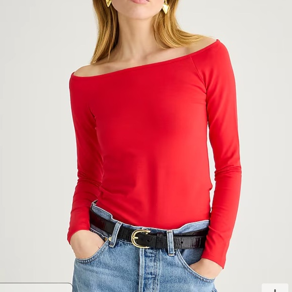J. Crew Top Rated Off-the-shoulder long-sleeve shirt stretch cotton Red BY371 - Picture 1 of 8